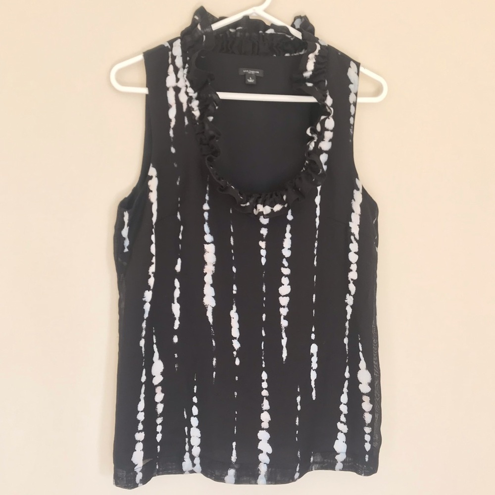 Ann Taylor Sleeveless Ruffle Neck Silk Blend Top L